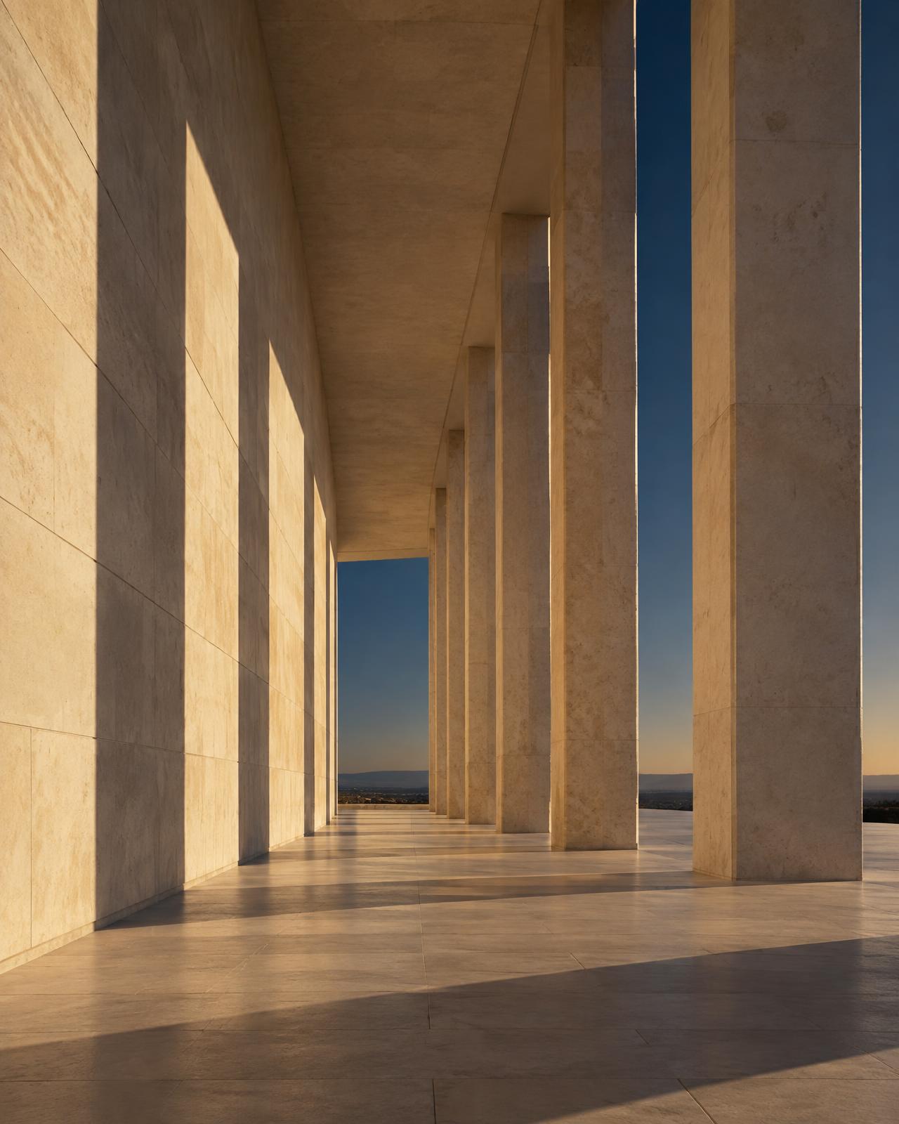 Concept architectural photograph of a sunlit limestone colonnade